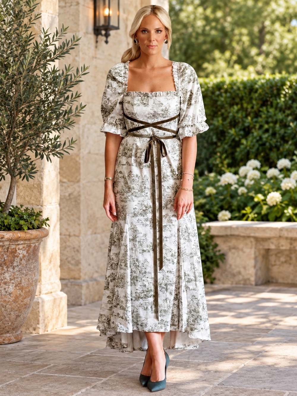 ANTONIO MELANI x Nicola Bathie Hallie Jacquard Puff Sleeves Tea Length Dress